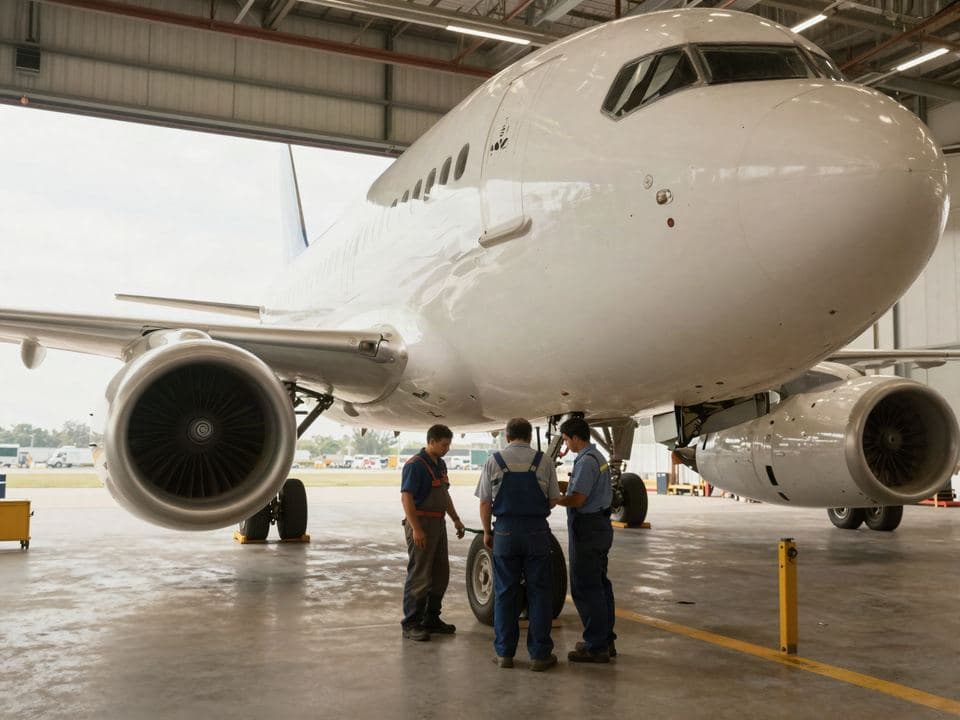 Narrowbody aircraft in a maintenance hangar