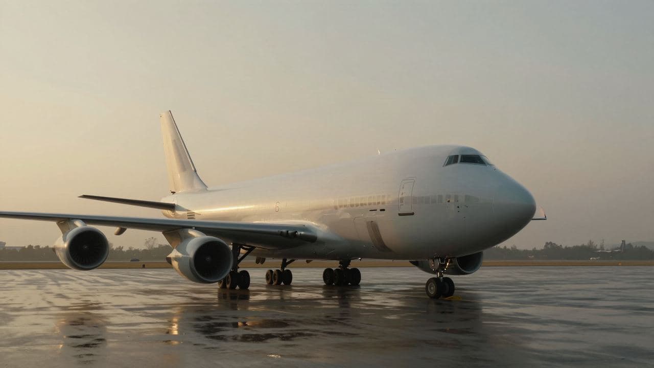 Widebody freighter on a wet apron at dusk