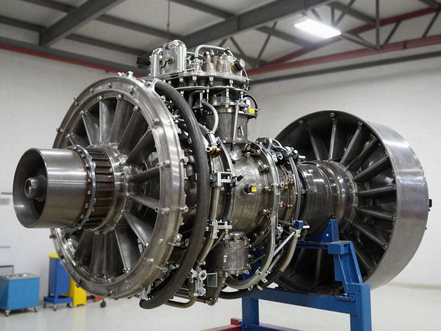 Turboshaft engine on a maintenance stand